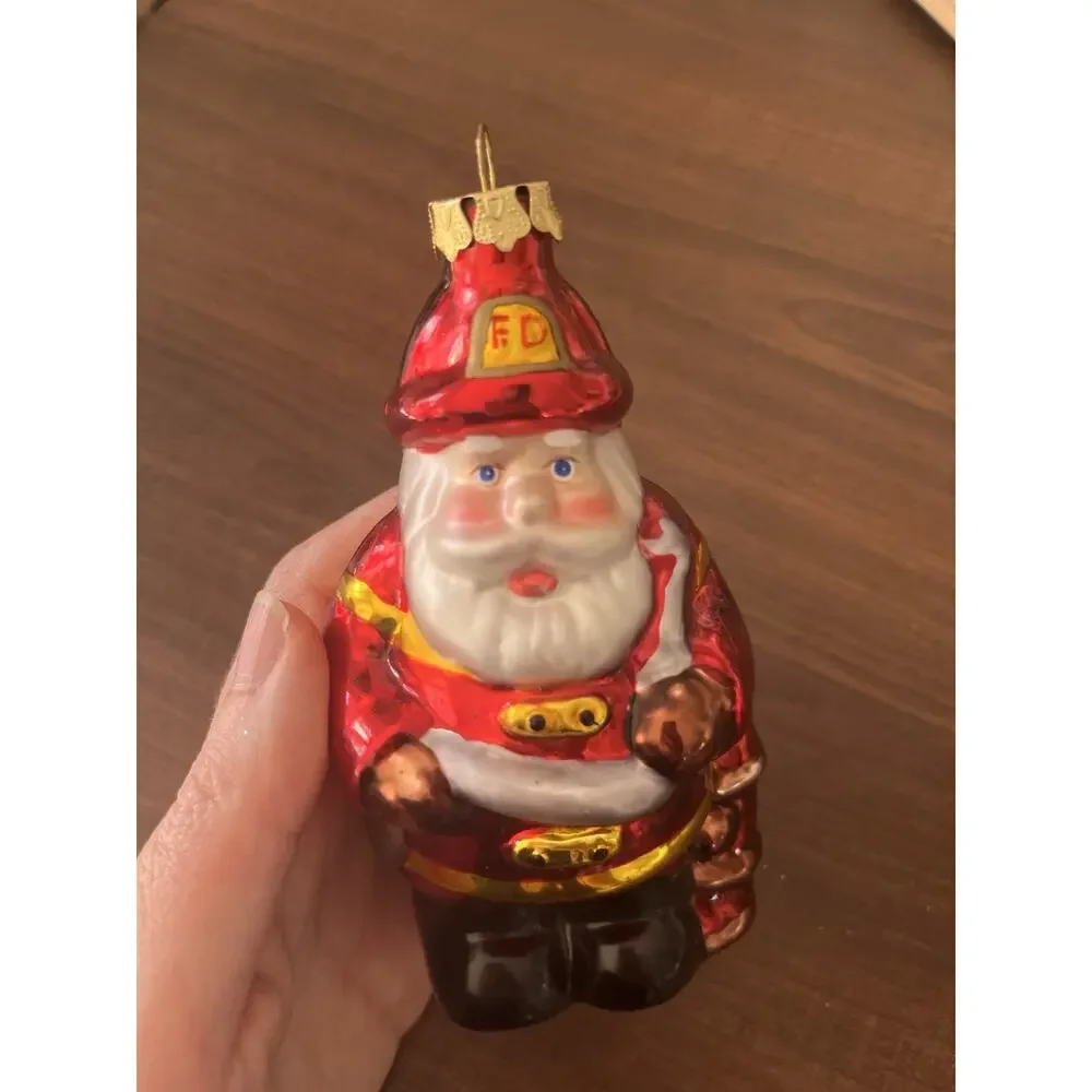 Christmas Ornament Santa Firefighter Hand Painted Glass Vintage